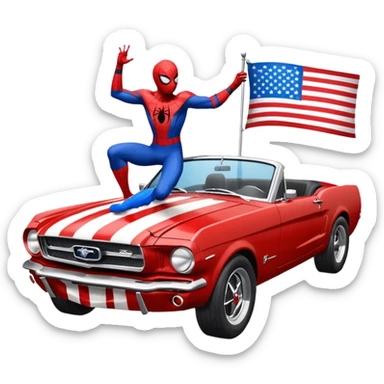 Spider-Man driving a 65 Ford Mustang fastback with the American flags on it sticker