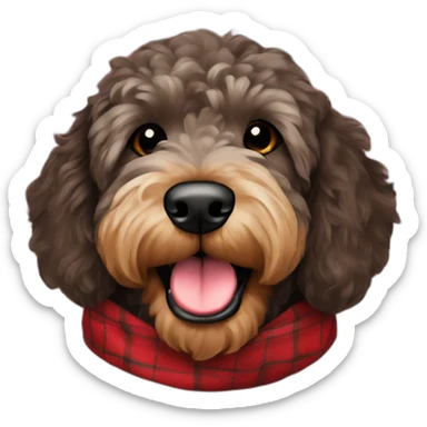 Black Chocolate brown colored golden doodle with a red and black flannel hankerchief sticker