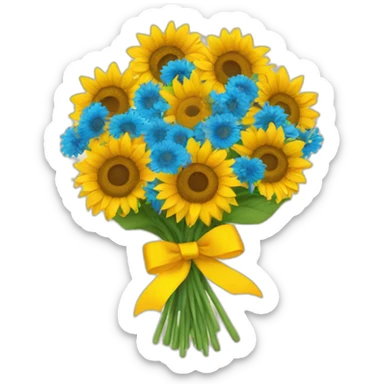 a bouquet of sunflowers tied with a yellow-blue ribbon sticker