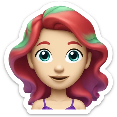 Ariel, the mermaid swimming. Her tail is green, her bikini top is purple, and her hair is bright red and wavy. She has pale skin and blue eyes. She is swimming. sticker