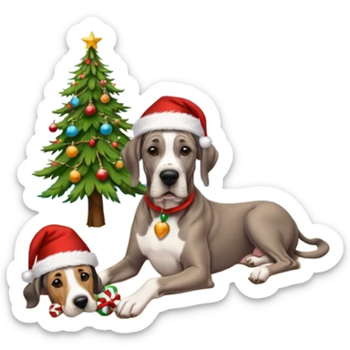 Black (no white) cropped Great Dane laying on a tropical beach with a Christmas tree and dog bones under the tree sticker