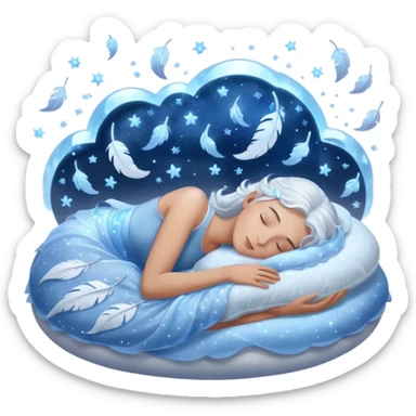 magical ethereal pillow glowing with icy blue and silver light, surrounded by floating feathers and sparkling mist, frosty aura and gentle energy waves cradling a sleeping head, enchanted pain-free sleep under stars sticker
