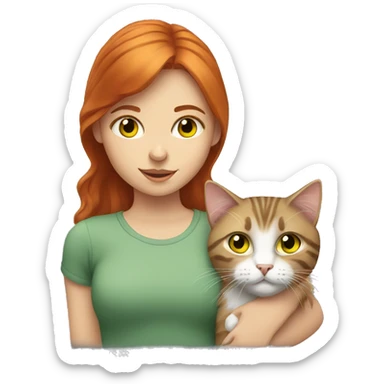 red haired girl with green eyes holding a fluffy gray tabby cat with yellow eyes sticker