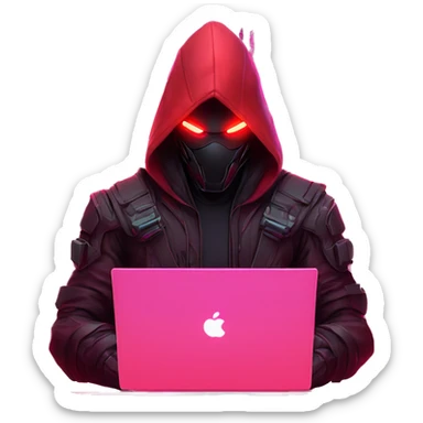developer behind his laptop with this style : crysis Cyberpunk Valorant neon glowing bright red character dark red black hooded assassin themed character sticker