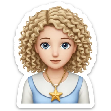 Very white woman, with blue/grey eyes, straight brown hair that is a little bit blonde and the tips are curly, cute white outfit, star neckless sticker