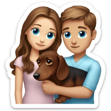 Brown long wavy hair blue eyes girl brown haired boy with blue eyes cuddling a brown dachshund sticker