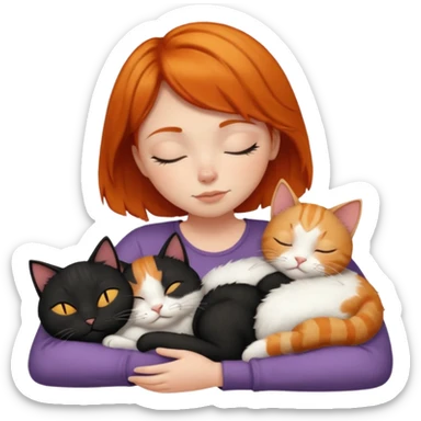 Ginger Girl short hair sleeping with two cats a black and a white bigger cat  sticker