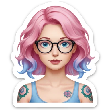 Hyper Realistic adult 
model, pale woman, pink wavy balayage hair, blue eyes and glasses, shoulder tattoo  sticker