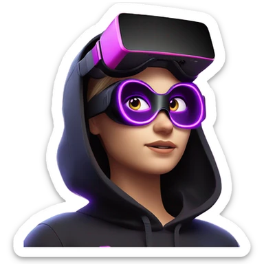 Russian girl wearing black hoody with violet letters "OMG", in vr headset oculus quest2. jumping. Cyberpunk style. Violet neon. sticker