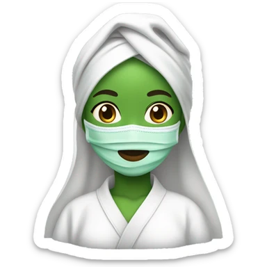 Girl with green face mask and a white robe and white towel on head sticker