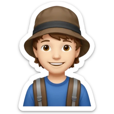 a young student boy with the backpack with bucket hat, brown wavy hair sticker