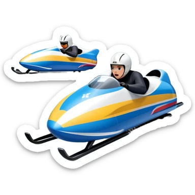 An icon featuring a sleek bobsled with athletes racing down an icy track at high speed, helmets on and bodies aligned for aerodynamics. The scene is set in a stunning snowy mountain valley with pine trees, spectators, and crisp blue sky. Transparent background captures the thrill of bobsleigh. sticker