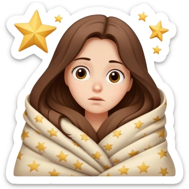 Sleepy girl with long brown hair wrapped like a burrito in a blanket, eyes half-open elegant stars  sticker