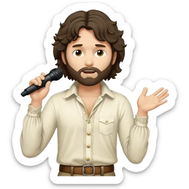 photo ultra realistic - unkempt, shaggy with big sideburns Jim Morrison in an ivory Victorian shirt, in an trance dramatic pose, sings on stage sticker