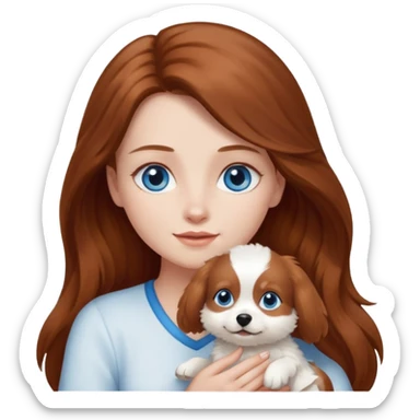 long hair chestnut color blue eyes woman holding small completely white dog sticker