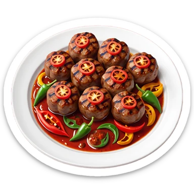 Akçaabat meatballs object icon, grilled Turkish kofte pieces on a plate, smoky char marks, juicy texture, served with grilled peppers and tomatoes, 3D cartoon, mobile game icon style, centered, clean background, no text, no watermark
 sticker