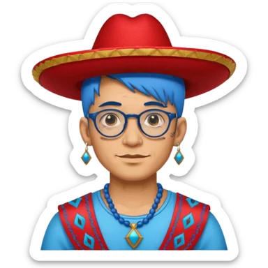 unique looking tourist with big unique red tourist sombrero and earrings, man with lots of tattoes and spectacles, blue hair showing sticker