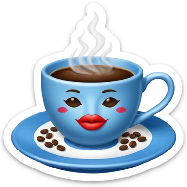 A steaming cup of coffee is visible. The blue cup has a kissing lips print and sits on a blue saucer filled with coffee beans. sticker