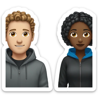 a white male with curly brown hair and a grey hoodie, next to a black woman with braids that fade from blue to black, wearing a black jacke sticker