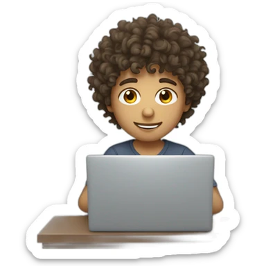 messy curly haired boy working on a laptop sticker
