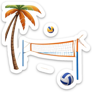 A volleyball resting on the orange sand ground of a beach, with a volleyball net in the background. The scene captures a sunny beach atmosphere with clear blue sea and sky, palm trees swaying, and people in swimsuits enjoying the vibrant surroundings sticker