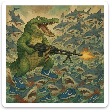 1 crocodile take m60 vs 20,000 shark They wear shoes Nike blue and crocodile killing all sharks  shoes Nike blue and crocodile wins sticker
