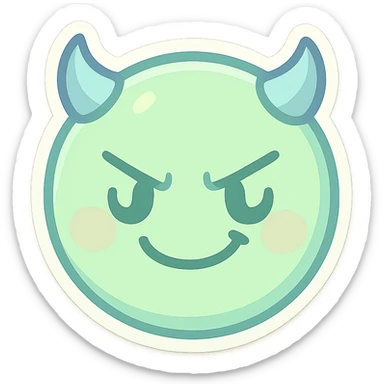 devil emoji in chibi style with pastel palette of mint green and baby blue, tiny horns, cute but mischievous expression sticker