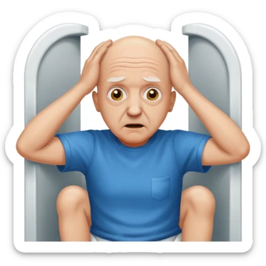 A bald person who’s very old is staring, he’s inside a toilet and his head is upright and looking at the camera with very wide eyes and his hands are putting pressure on his head, very scared expression and he’s twerking sticker