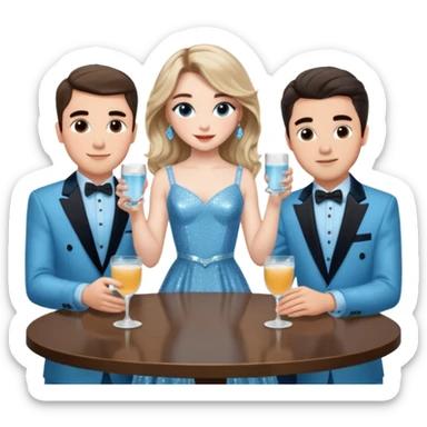 Sabrina’s carpenter in a light blue sparkly dress at a table with 3 handsome men facing each other and she is standing up putting her hand out. There are drinks on the table  sticker