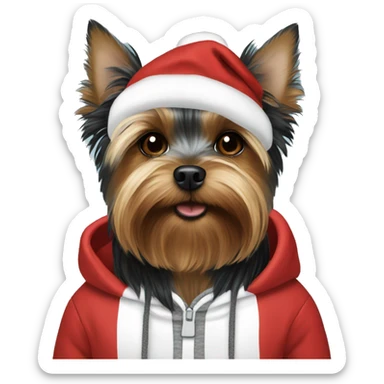 black brown white Yorkshire Terrier in christmas hoodie  sticker