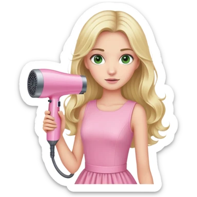 blonde girl with long hair and swamp green eyes, wearing a pink pastel dress, holding a pink Dyson hair dryer sticker
