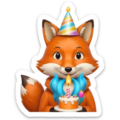 A fox wearing a birthday hat, joyfully blowing candles, portrait, bust up sticker