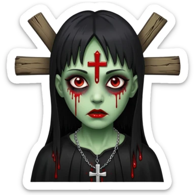 zumbi verde com olhos vermelhos sangrando e franja roupa preta e um crucifixo como colar sticker