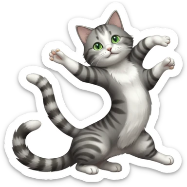 grey and white cat with green eyes doing a big extremely long stretch reaching up into the air with arms and legs side by side together straight and overextended whilst lying on its side sticker
