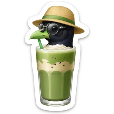 It’s an Australien Magpie sitting on an iced matcha latte on the edge of the glass. It has green matcha on its beak indicating it drank. The iced matxha latte is in a see through glass and white from the oat milk on the bottom and green on top…and there is a straw in the drink and ice cubes sticker