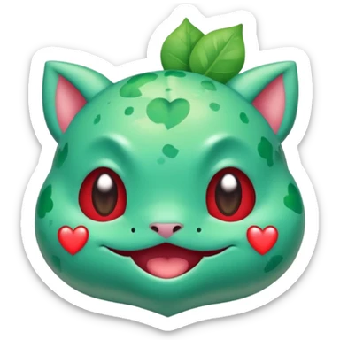 cute Bulbasaur Pokémon, rednote emoji style, winking face, heart-shaped decorations, joyful look, green and teal tones sticker