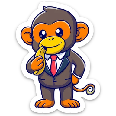chimpanzee wearing a fancy suit eating a banana sticker