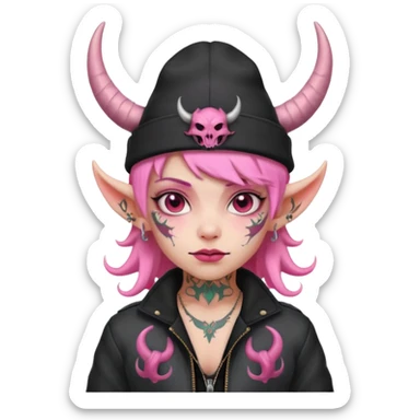 pink girl demon with tattoos, hat, jacket and horns sticker