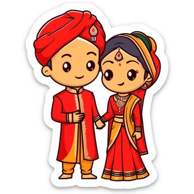 Indian bride and groom on their wedding day, bride in decorative red wedding outfit with gold details, groom in elegant sherwani, both fair-skinned, groom has no facial hair sticker