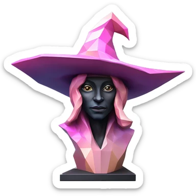 standalone sculpture Mage Witch Hat is geometric, faceted design. The sculpture is standing upright on a base with angular and baroque features. The vibrant midtone tints of pastels and pink highlights the sharp edges and planes.  sticker