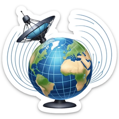 An icon featuring a satellite dish on planet Earth aimed at an orbiting satellite. The design includes signal waves, a globe with network lines, and data beams connecting devices, symbolizing global communication and data transfer. Transparent background sticker