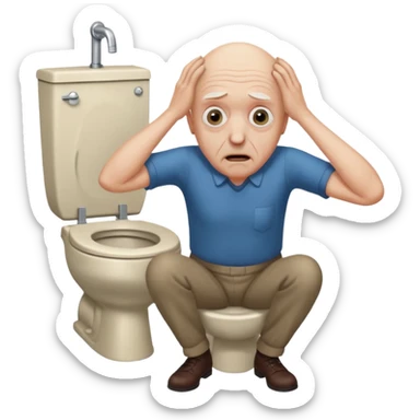 A bald person who’s very old is staring, he’s inside a toilet and his head is upright and looking at the camera with very wide eyes and his hands are putting pressure on his head, very scared expression and he’s shaking his butt sticker