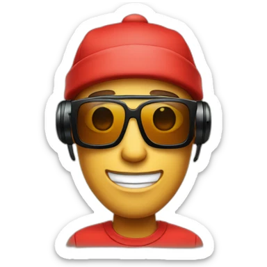 Cartoon bot with red shirt. BLACK HEADPHONES. Sunglasses, tan skin. Red beanie hat sticker