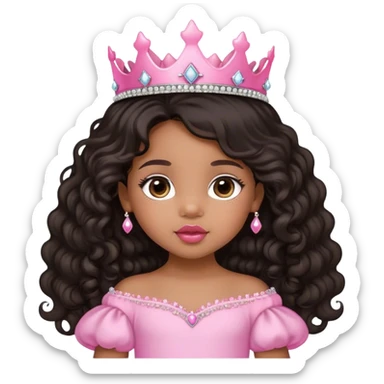 princess, medium brown skin tone, very adorable toddler, with big plump lips, long long lashes, black curly long hair, brown eyes, pink tiara sticker