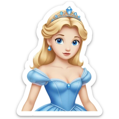 Cinematic Realistic Comical Cinderella Portrait, with every detail rendered realistically—from the soft, smooth texture of her fair skin to her artfully styled golden-blonde hair. Her bright blue eyes are wide with playful disbelief, and her expression carries a touch of whimsical humor while retaining elegant poise. Her classic ball gown, detailed with rich fabric textures and natural shadows, catches the light in a way that blends refined beauty with a hint of cheeky mischief, creating a striking, lifelike portrayal. sticker