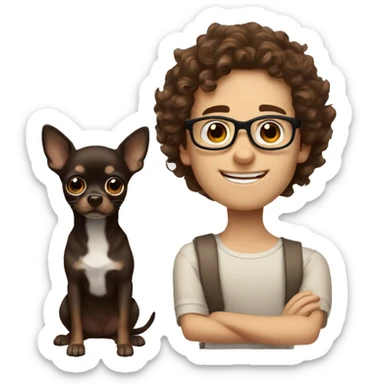 A caucasian boy with brown curls and glasses with his dark brown chihuahua sticker
