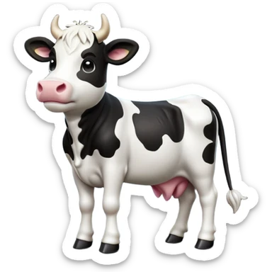 cinematic-[cow]-realistic-full-body-standing-emoji,-tail-flicking-lazily,-head-tilted-dramatically,-sleek-[black and white]-fur,-simplified-yet-realistic-focused-features,-highly-detailed,-glowing-with-an-almost-sarcastic-glow sticker