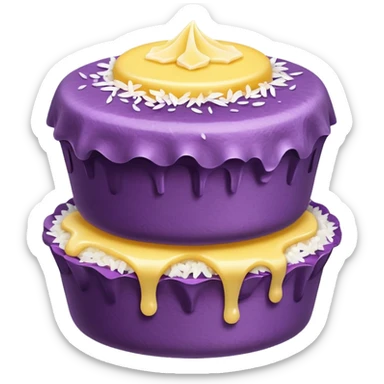 Create an emoji-style illustration of puto bumbong. Purple steamed rice cakes stacked together, topped with butter, grated coconut, and brown sugar. Cute, clean, iOS-style emoji look sticker