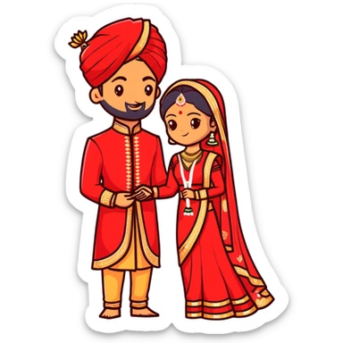 Indian bride and groom on their wedding day, bride in decorative red wedding outfit with gold details, groom in elegant sherwani, both fair-skinned, groom has no facial hair sticker
