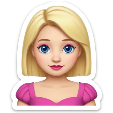 "Create an emoji-style character of Doris from Shrek — the tall barmaid with short blonde hair, bold makeup (blue eyeshadow, red lipstick), and a pink dress. Make her look confident and friendly, with a cartoonish round face and expressive emoji-like features. sticker